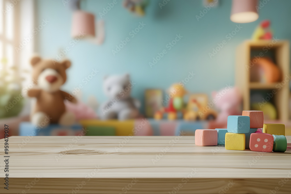 Wooden table with free surface, overlooking a colorful children's playroom filled with toys and warm light. Wooden table with free surface, overlooking a colorful children's playroom filled with toys and warm light.