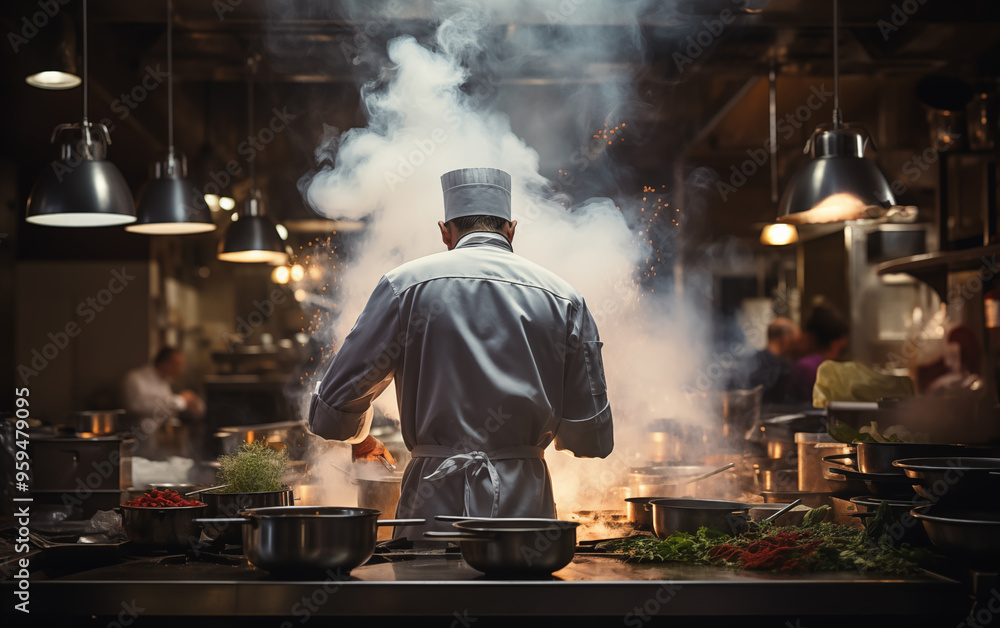 Generative AI of Professional Chef Cooking in Gourmet Kitchen for Culinary Art Mastery, Gastronomic Flavors Creation, and Dynamic Restaurant Service