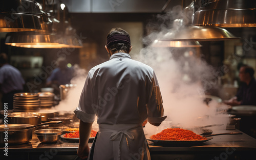 Generative AI of Professional Chef Cooking in Busy Restaurant Kitchen Concept for Culinary Skills in Action, Steamy Gourmet Cuisine Preparation, and Fiery Commercial Kitchen Atmosphere