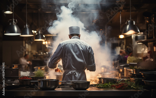 Obraz na płótnie Generative AI of Professional Chef Cooking in Gourmet Kitchen for Culinary Art Mastery, Gastronomic Flavors Creation, and Dynamic Restaurant Service w salonie