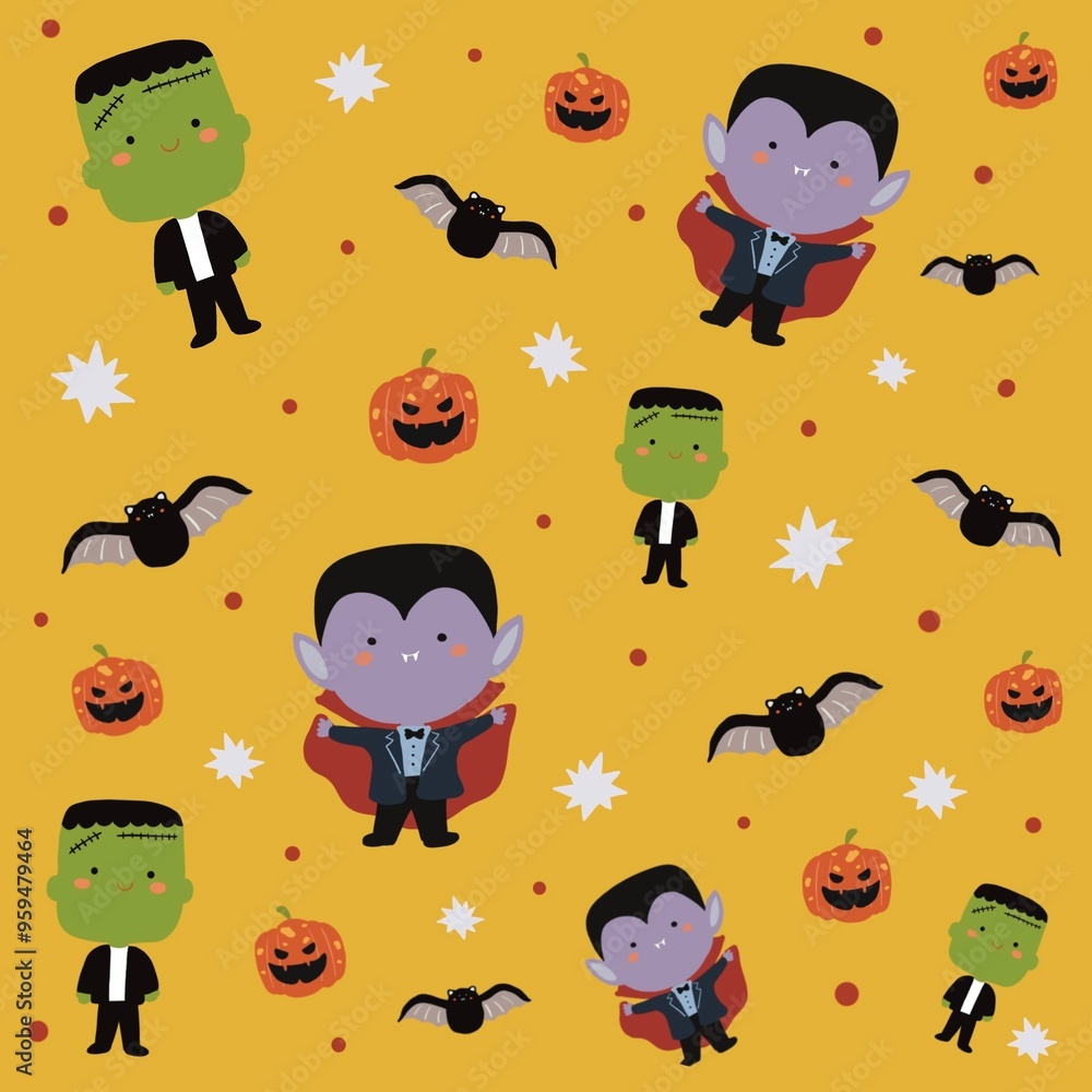 Fototapeta premium Halloween pattern illustration - cute spooky character vector