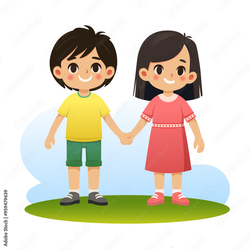 Vector cartoon style illustration. Asian children boy and girl holding hands. Vector cartoon style illustration. Asian children boy and girl holding hands.