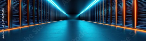 A futuristic server room featuring glowing blue and orange lights, offering a modern technology ambiance.