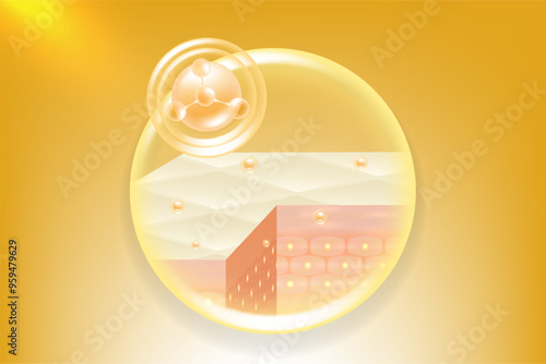 Hyaluronic acid and Niacinamide hair and skin solutions ad, gold collagen serum drops into skin cell with cosmetic advertising background ready to use, illustration vector.	