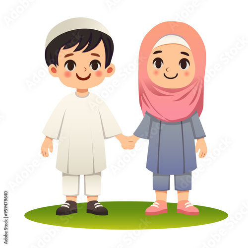 Vector cartoon style illustration. Happy Eid Al-Fitr. Muslim children boy and girl holding hands. 
