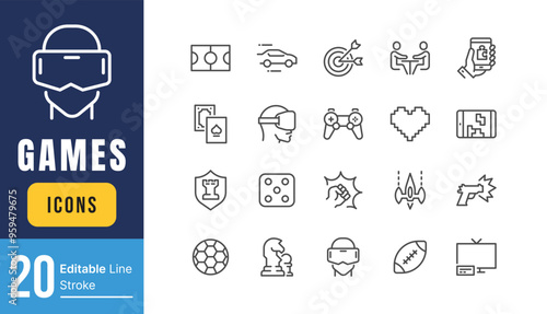 Set of Games Related Vector Line Icons. Contains such Icons as Joystick, Console, Virtual Reality Helmet, Tower Defence and more. Editable Stroke.