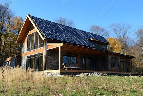 Modern House with Solar Panels and Stone Facade