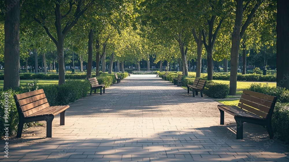 Empty Benches Along a Tree-Lined Pathway in a Park Empty Benches Along a Tree-Lined Pathway in a Park