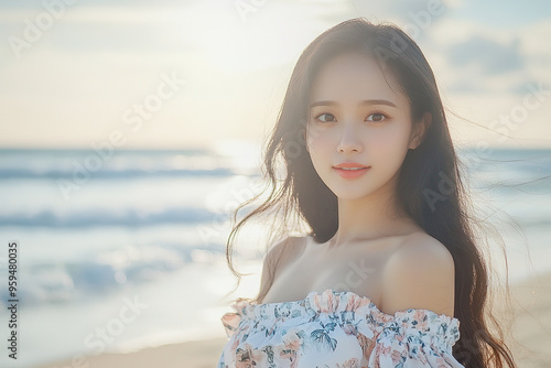 Young Asian woman in off-shoulder dress poses gracefully at the beach, embodying Korean style and summer vacation vibes in a photo-realistic seaside scene.