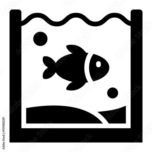 Icon of a fish inside a fish tank, representing aquaculture or fish keeping.