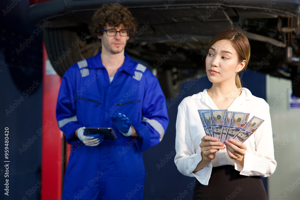 businesswoman or customer holding and looking cashes pay for technician in automobile repair shop