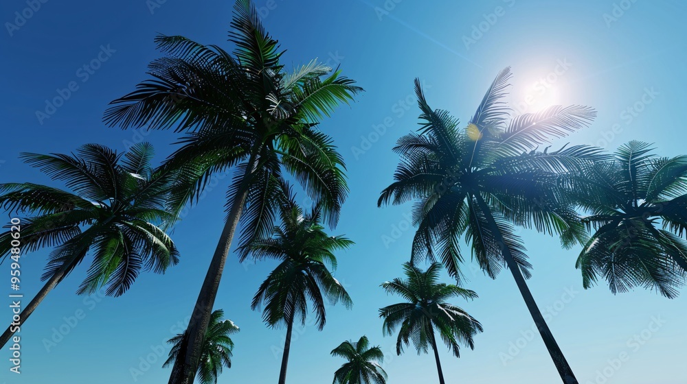 A stunning view of tall palm trees silhouetted against a clear blue sky, with their fronds swaying gently in the breeze. The scene is serene and tropical A stunning view of tall palm trees silhouetted against a clear blue sky, with their fronds swaying gently in the breeze. The scene is serene and tropical