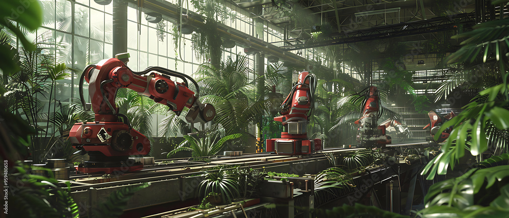 Obraz premium Futuristic Industrial Robots in a Tropical Factory Assembling Parts for Renewable Energy Technologies