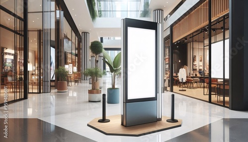 Modern empty totem kiosk signage in a shopping center shop Blank space for adversting and message