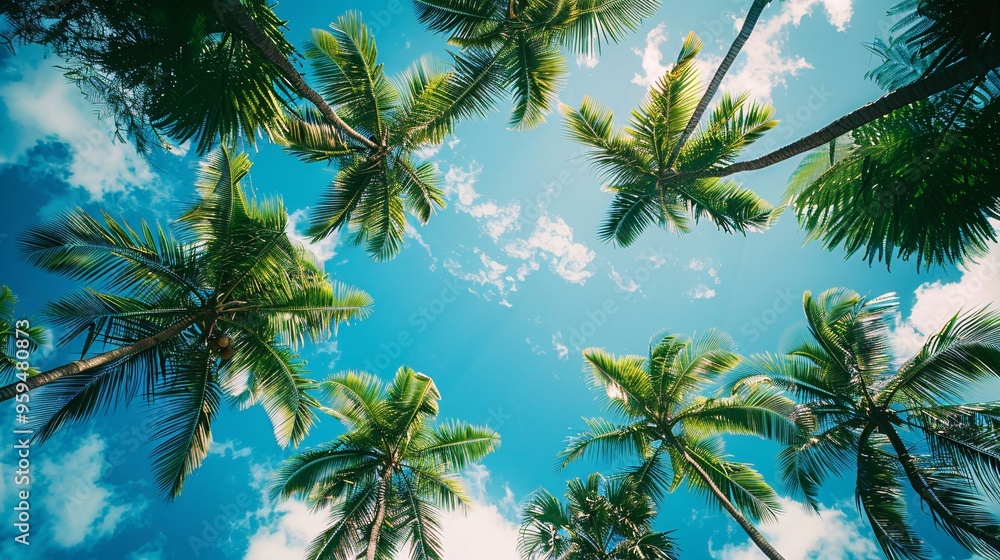 Naklejka premium An upward view of palm trees with their leaves creating a canopy against the blue sky, capturing the grandeur and tranquility of a tropical setting. The composition is both relaxing and visually