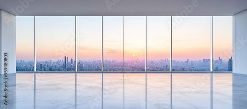 Contemporary office with expansive glass windows and panoramic city views at dusk, embodying a modern corporate setting with an open, abstract background suitable for presentations.