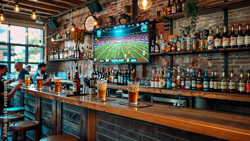 Game Day Cheers: The energy of a bustling sports bar is captured in this inviting image, with patrons gathered around the bar, their eyes glued to the big-screen TV broadcasting a thrilling game. The Game Day Cheers: The energy of a bustling sports bar is captured in this inviting image, with patrons gathered around the bar, their eyes glued to the big-screen TV broadcasting a thrilling game. The