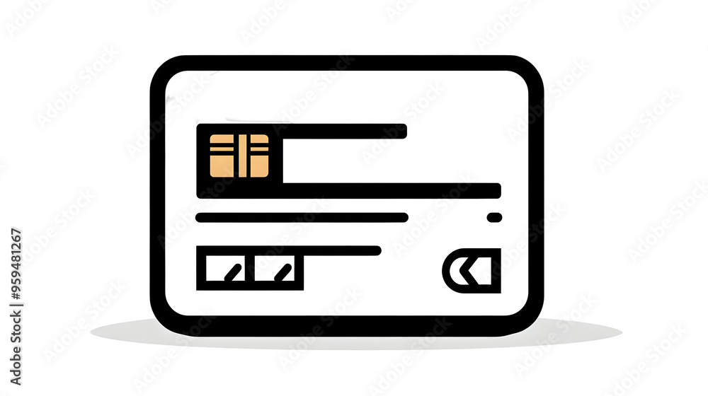A Credit Card Icon with a Black Outline and a White Background, with a Shadow and a Yellow Chip on the Transparent Background A Credit Card Icon with a Black Outline and a White Background, with a Shadow and a Yellow Chip on the Transparent Background