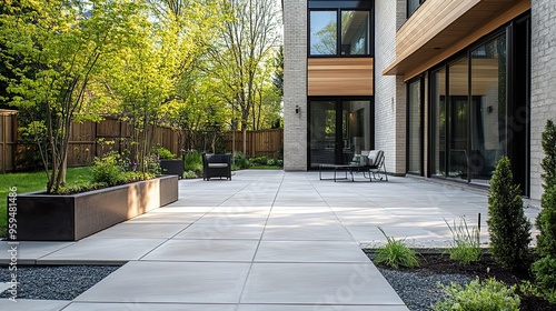 Modern Patio with Large Grey Tiles, Black Furniture, and Lush Greenery