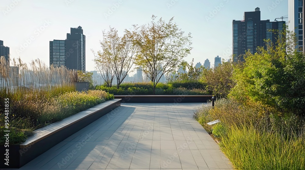 Fototapeta premium Rooftop Garden with Cityscape Views and Benches