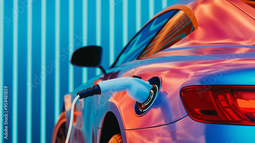 EV Electric car silhouette with low battery charging at electric charge station. 3d render and illustration.