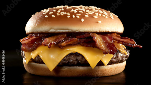 classic double bacon burger with two thick beef patties, crispy bacon, and melted cheddar cheese, served on a warm sesame bun photo