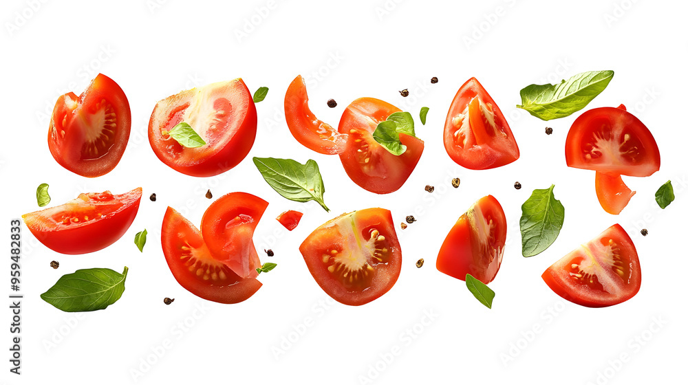 Freshly Sliced Tomatoes with Green Basil Leaves Falling on a White Background, Isolated PNG, Transparent Background Freshly Sliced Tomatoes with Green Basil Leaves Falling on a White Background, Isolated PNG, Transparent Background