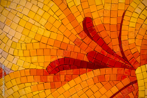 Photography Close up view of ceramic mosaic tiles floral decoration.