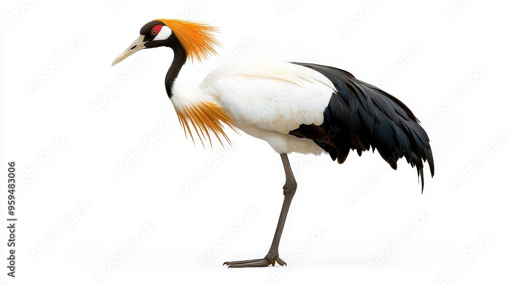 Stunning profile of a majestic crane with vibrant plumage, showcasing its elegance and grace against a white background. Stunning profile of a majestic crane with vibrant plumage, showcasing its elegance and grace against a white background.