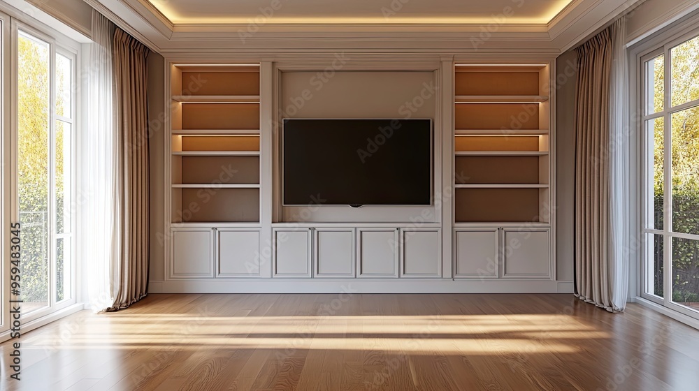 Modern Living Room with Built-in Cabinetry and Television Modern Living Room with Built-in Cabinetry and Television