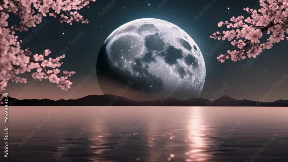 night cherry blossoms and full moon, moonlight, Japanese night scene, night sky, loop, seemless. night cherry blossoms and full moon, moonlight, Japanese night scene, night sky, loop, seemless.
