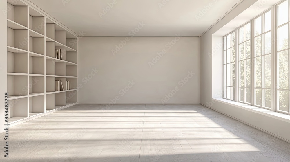 Obraz premium Minimalist White Room with Bookshelf and Large Window