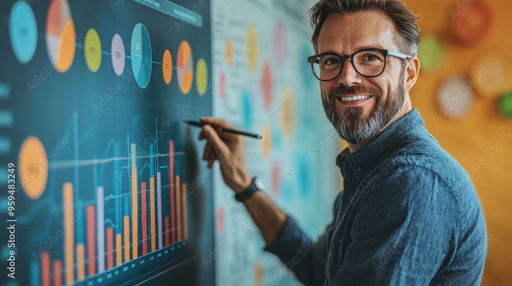 Smiling businessman presenting data on a whiteboard. Smiling businessman presenting data on a whiteboard.