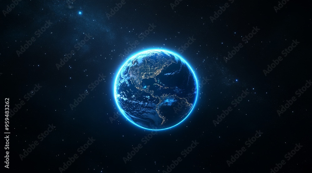 A vibrant blue Earth, seen from space, against a dark background of stars. A vibrant blue Earth, seen from space, against a dark background of stars.