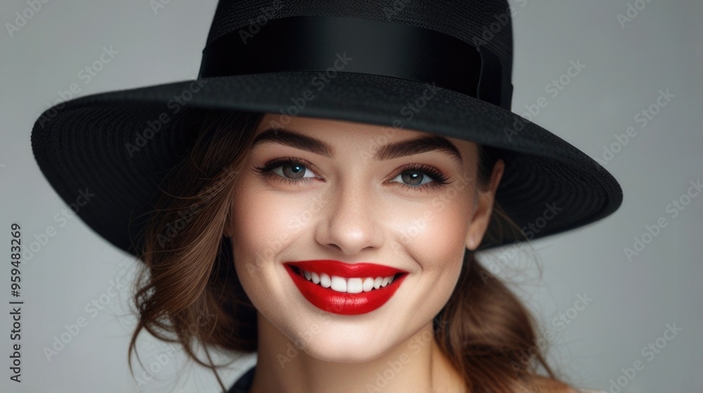 Fashion Smile pretty woman with red lips wearing a black hat over a white background Fashion Smile pretty woman with red lips wearing a black hat over a white background