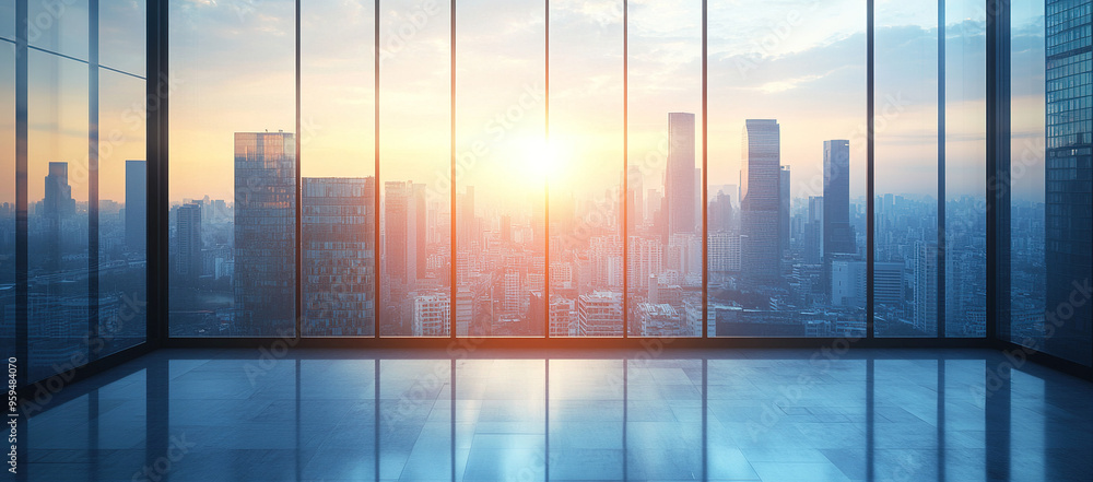 Fototapeta premium Modern office interior featuring panoramic floor-to-ceiling windows overlooking a city skyline at dusk
