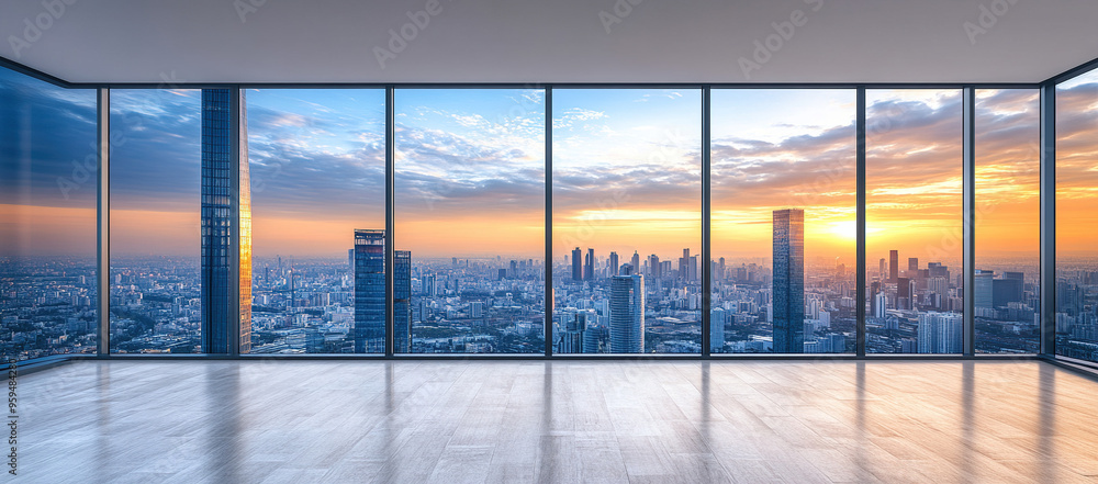 Fototapeta premium Modern office interior featuring panoramic floor-to-ceiling windows overlooking a city skyline at dusk