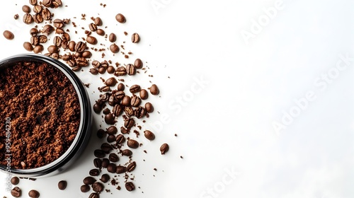 A photograph capturing the moment freshly ground coffee beans cascade from a grinder spilling onto a clean white background with ample copy space available on the left side for text placement