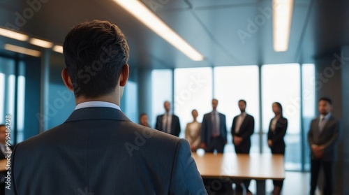 Confident businessman giving a presentation in front of crowd in meeting conference seminar room. Leadership authority teamwork in business concept