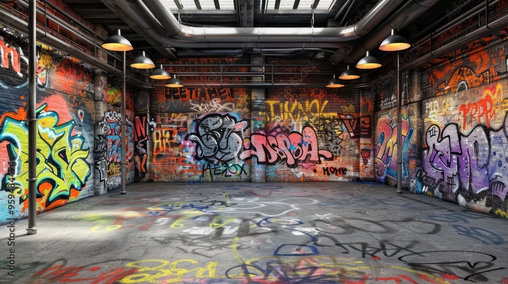 Naklejka premium Empty urban space with graffiti art and industrial elements.