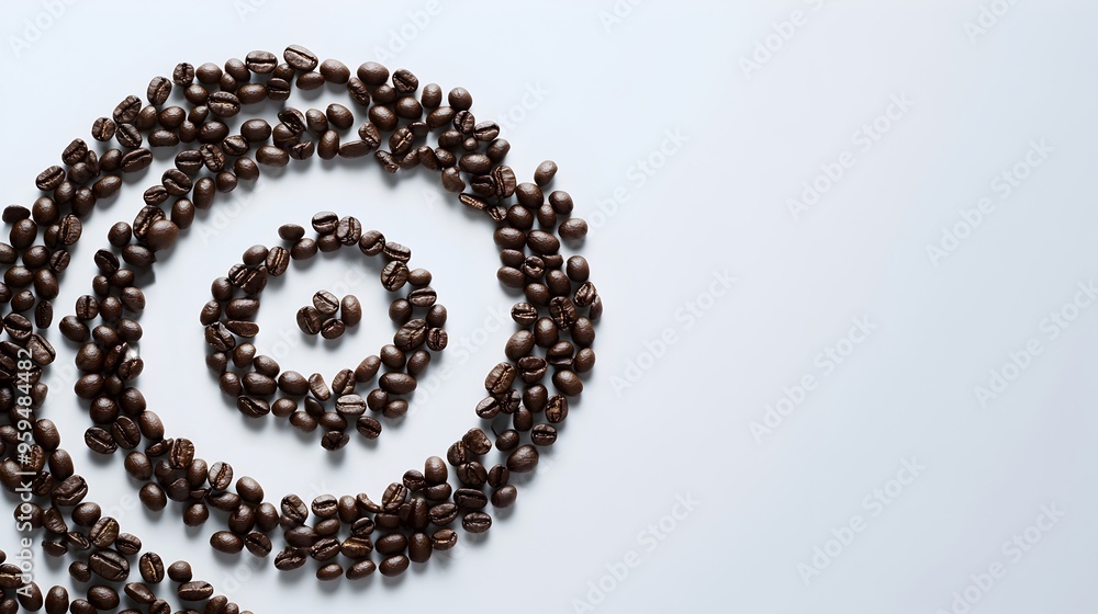 Obraz premium Captivating spiraling arrangement of freshly roasted coffee beans set against a pure white background offering ample empty space for text overlays or design elements
