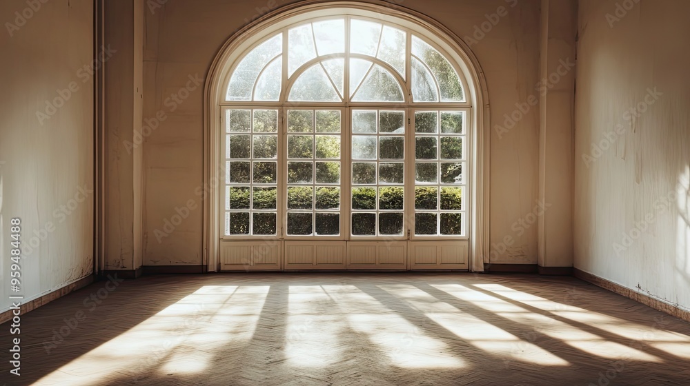 Fototapeta premium Sunlight Streaming Through a Large Arched Window in an Empty Room