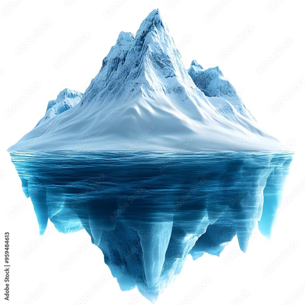 Obraz premium Icy Mountain Peak Submerged in Deep Blue Water with Icicles Isolated on Transparent Background