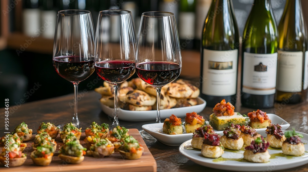 Rich reds and golds envelop a selection of wines and gourmet tapas plates Rich reds and golds envelop a selection of wines and gourmet tapas plates