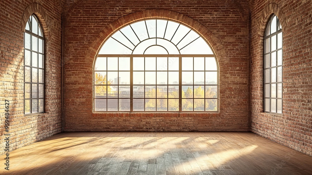 Sunlit Brick Room with Arched Windows Sunlit Brick Room with Arched Windows
