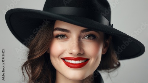 Fashion Smile pretty woman with red lips wearing a black hat over a white background