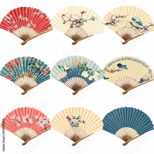 A collection of decorative folding fans with various floral and bird designs.