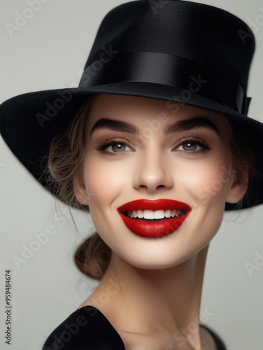 Fashion Smile pretty woman with red lips wearing a black hat over a white background