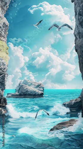 Seagulls flying over blue ocean with rocks.