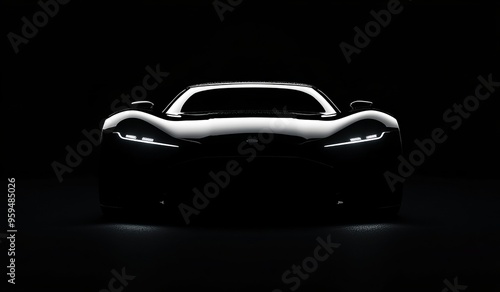 A black car with headlights on in a dark studio.